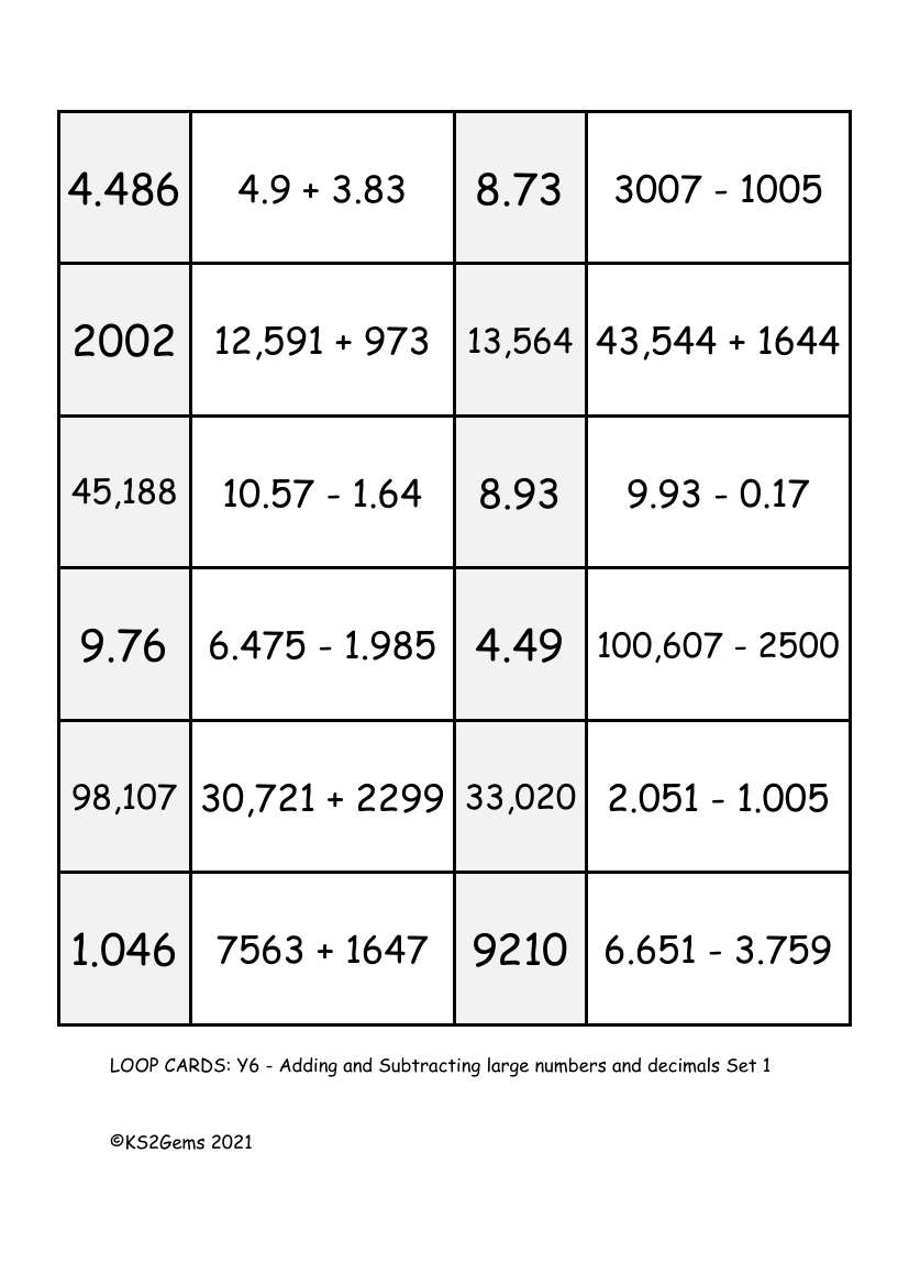 Loop Card Game - Adding and Subtracting large numbers and decimals Set 1