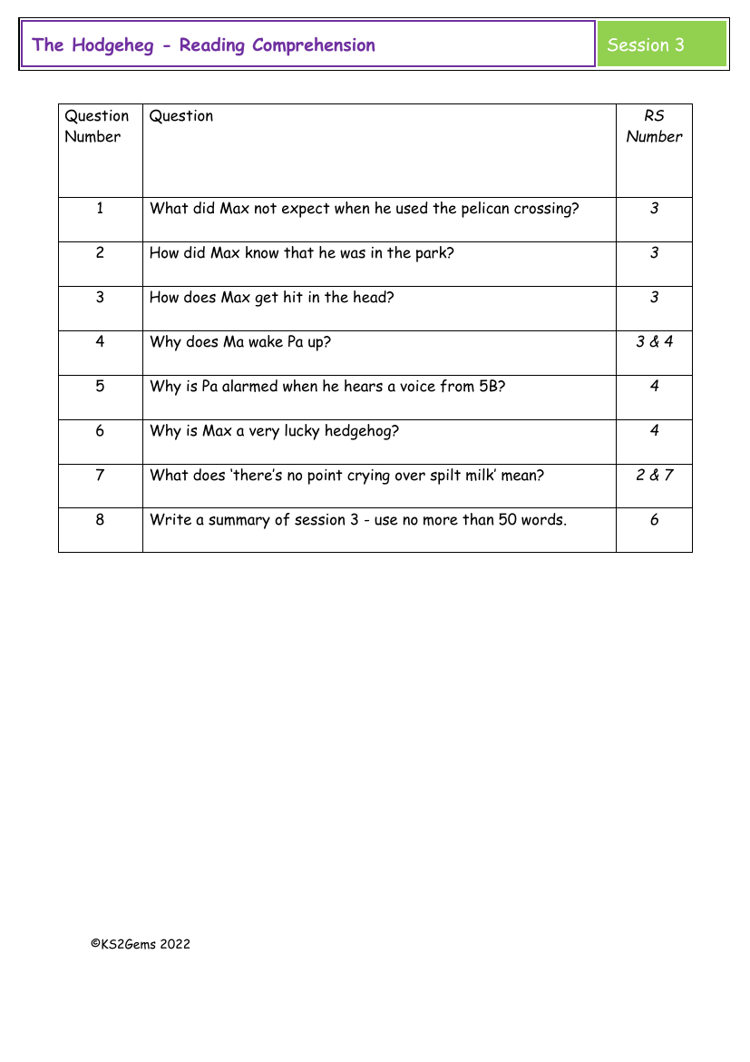 The Hodgeheg - Session 3 - Reading Comprehension