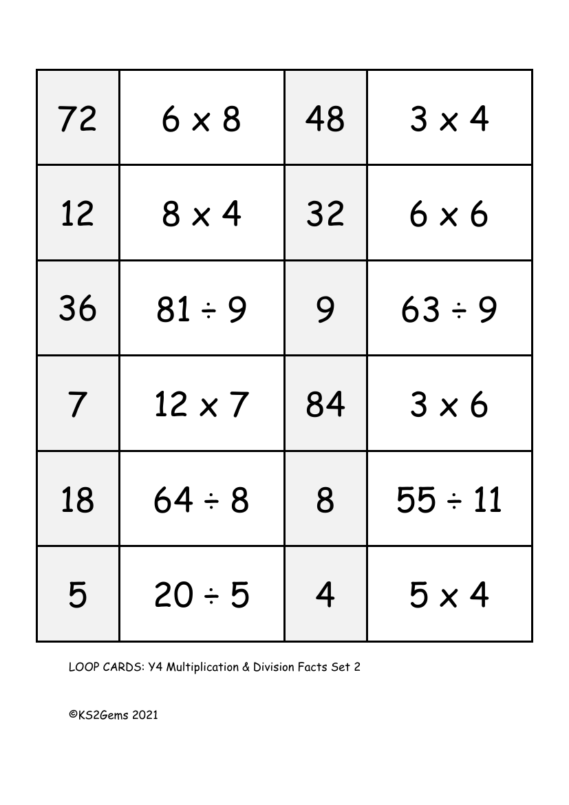 Loop Card Game - Multiplication and Division Facts Set 2