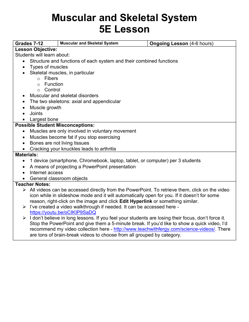 Muscular and Skeletal System - Teaching Timeline