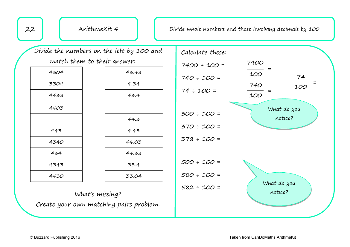 Divide whole numbers and those involving decimals by 100