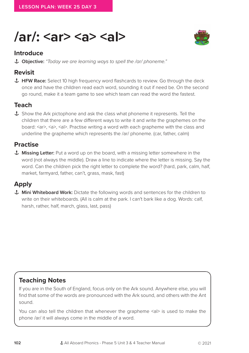 Week 25, lesson 3 Phonemes "ar,a,al" - Phonics Phase 5, unit 3 - Lesson plan