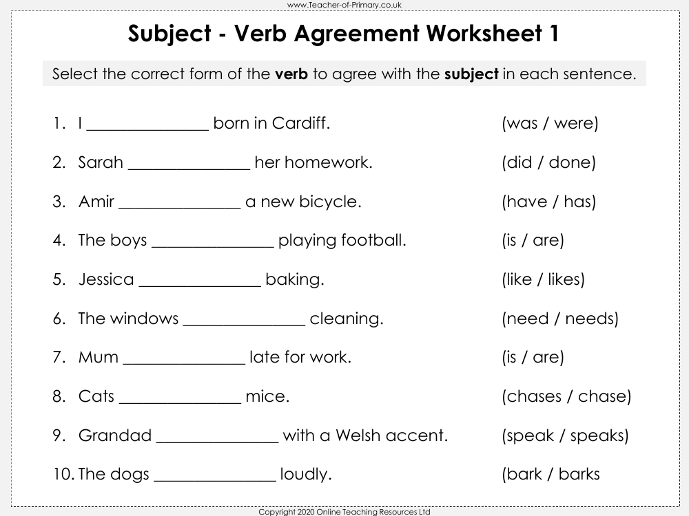 Subject Verb Agreement Worksheet English Year 5