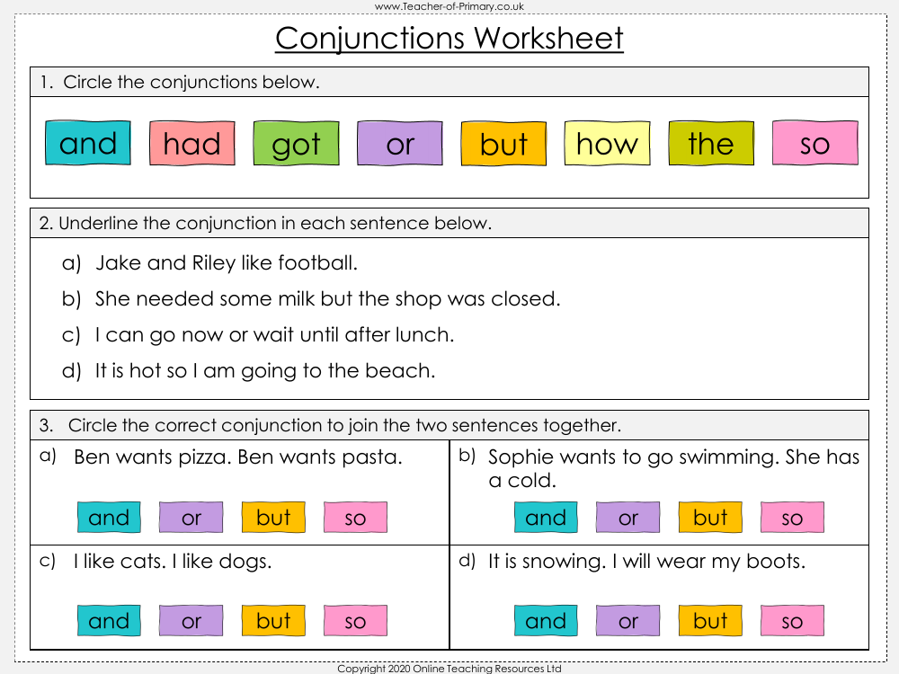 Co-ordinating Conjunctions - Worksheet