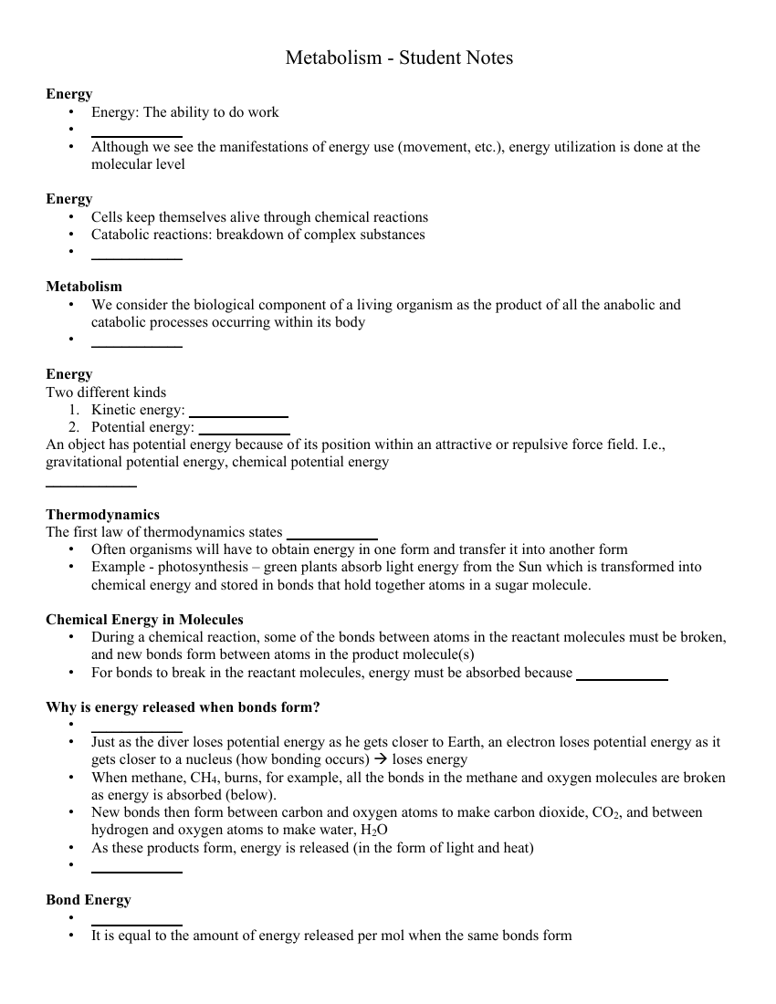 Metabolism - Student Lesson Outline