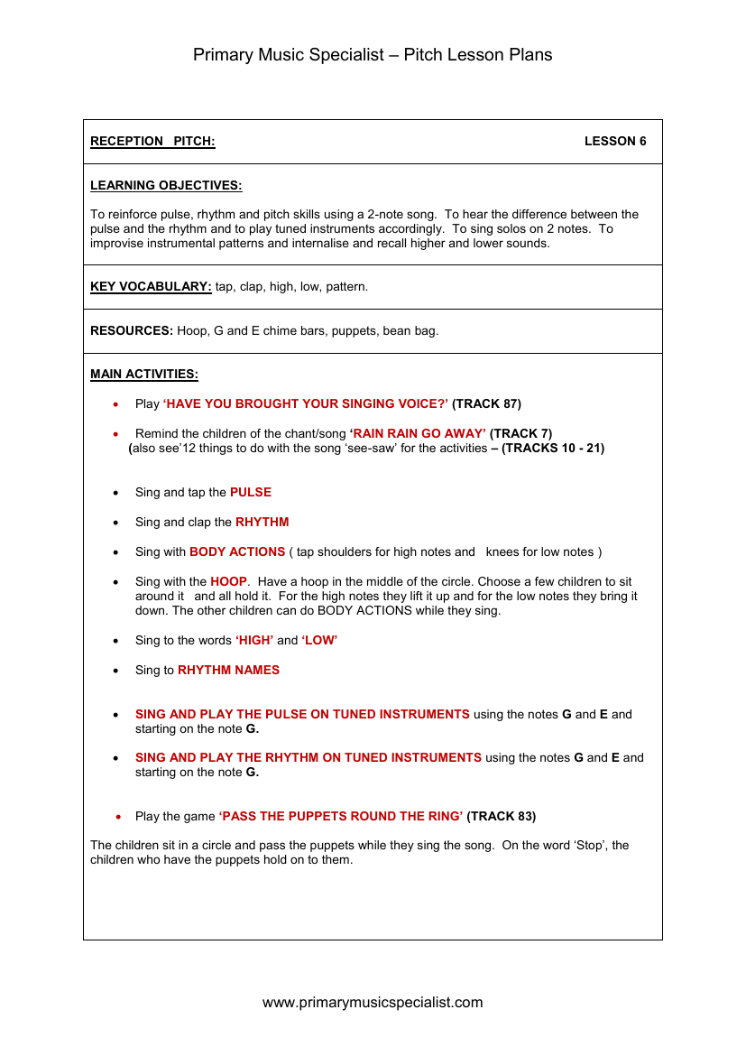 Pitch Lesson Plan - Reception Lesson 6