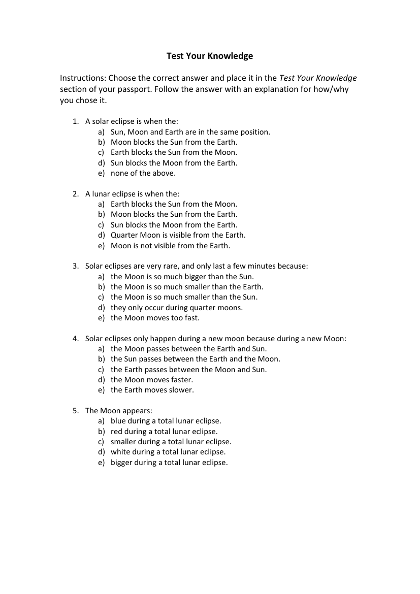 Eclipse - Solar and Lunar - Test your Knowledge