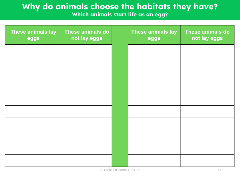 Which animals start their life as an egg? - Worksheet