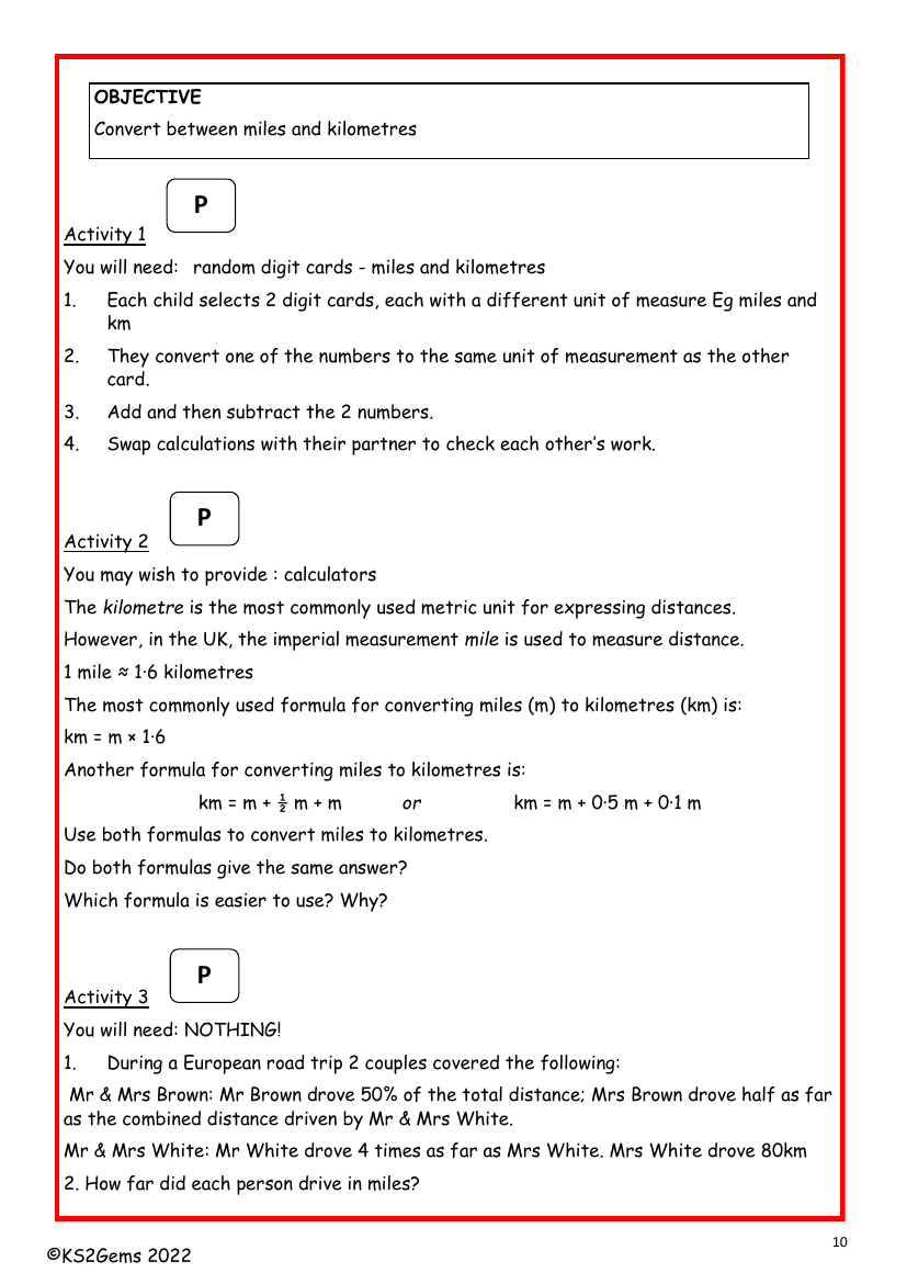 Converting between miles and kilometres worksheet