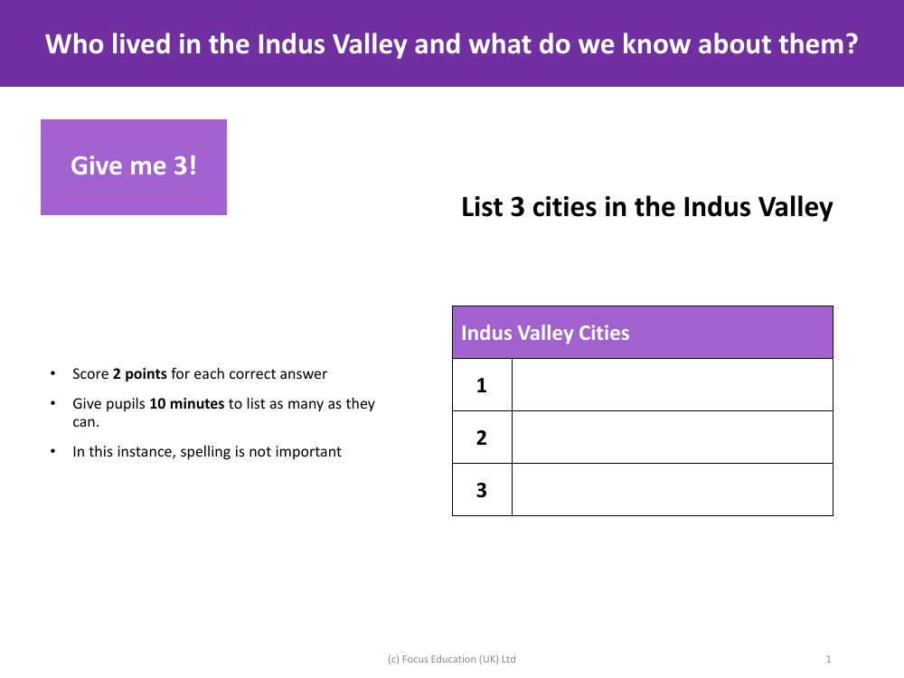Give me 3 - List 3 Cities in the Indus Valley - Indus Valley - Year 4
