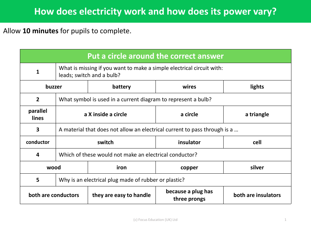 Put a circle around the correct answer - Electricity - Year 6