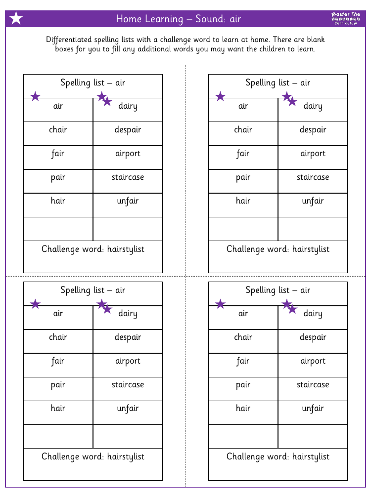 Spelling - Home learning - Sound air