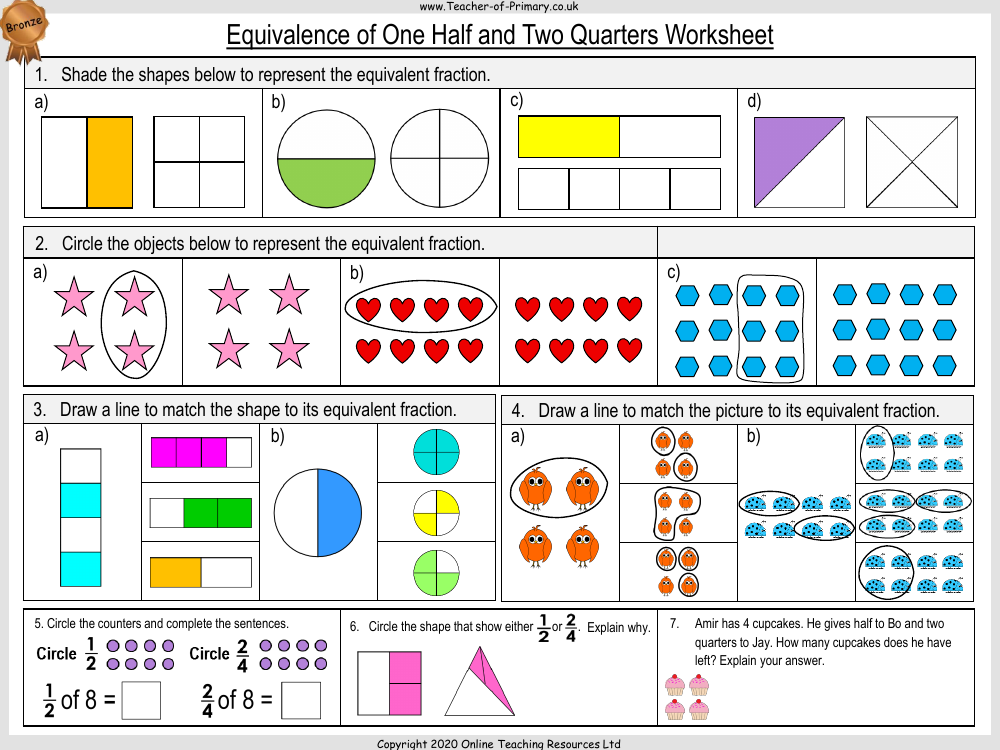 Equivalence of One Half and Two Quarters - Worksheet