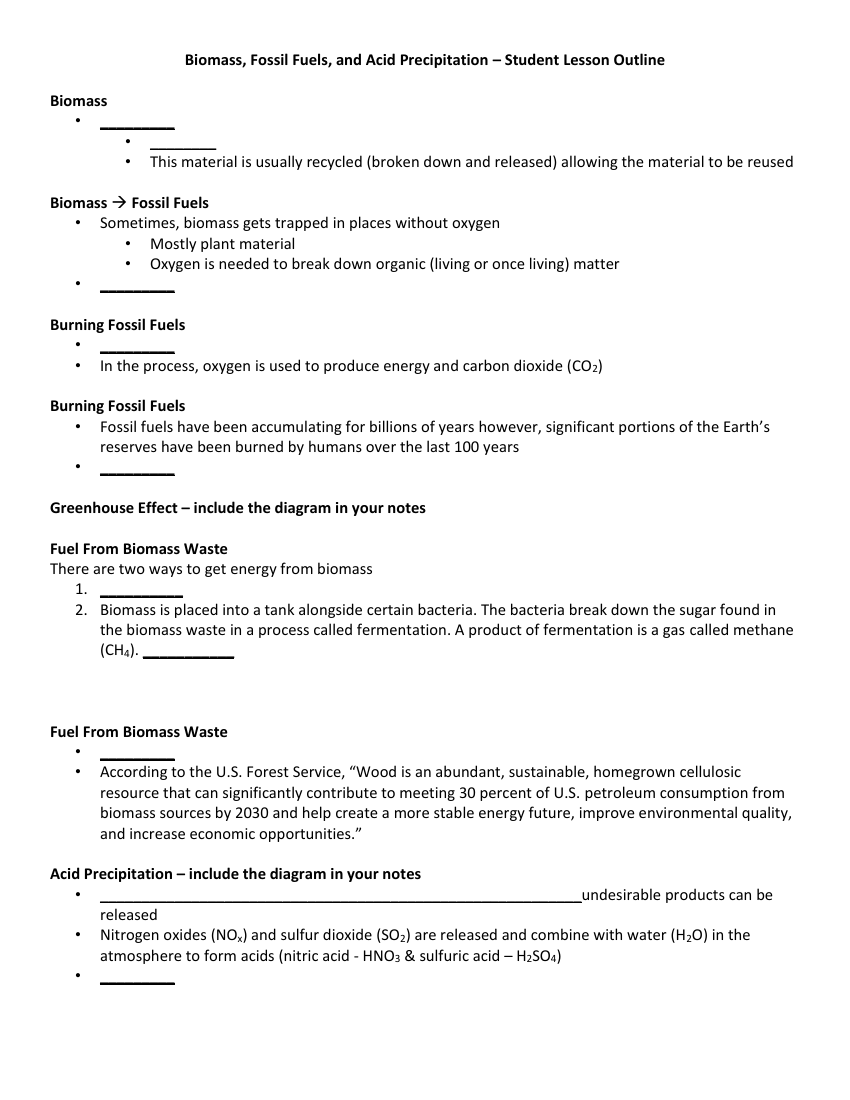 Biomass, Fossil Fuels, and Acid Precipitation – Student Lesson Outline