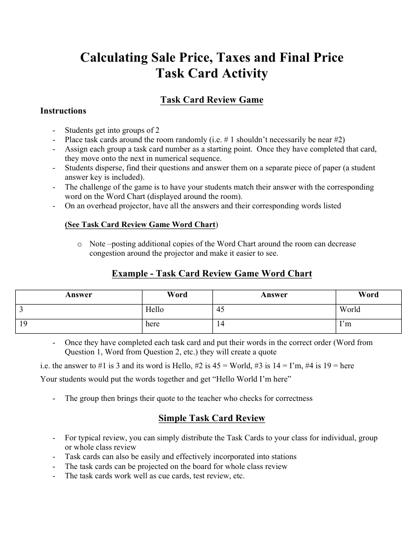 Calculating Sale Price, Taxes and Final Price - Task Cards Activity