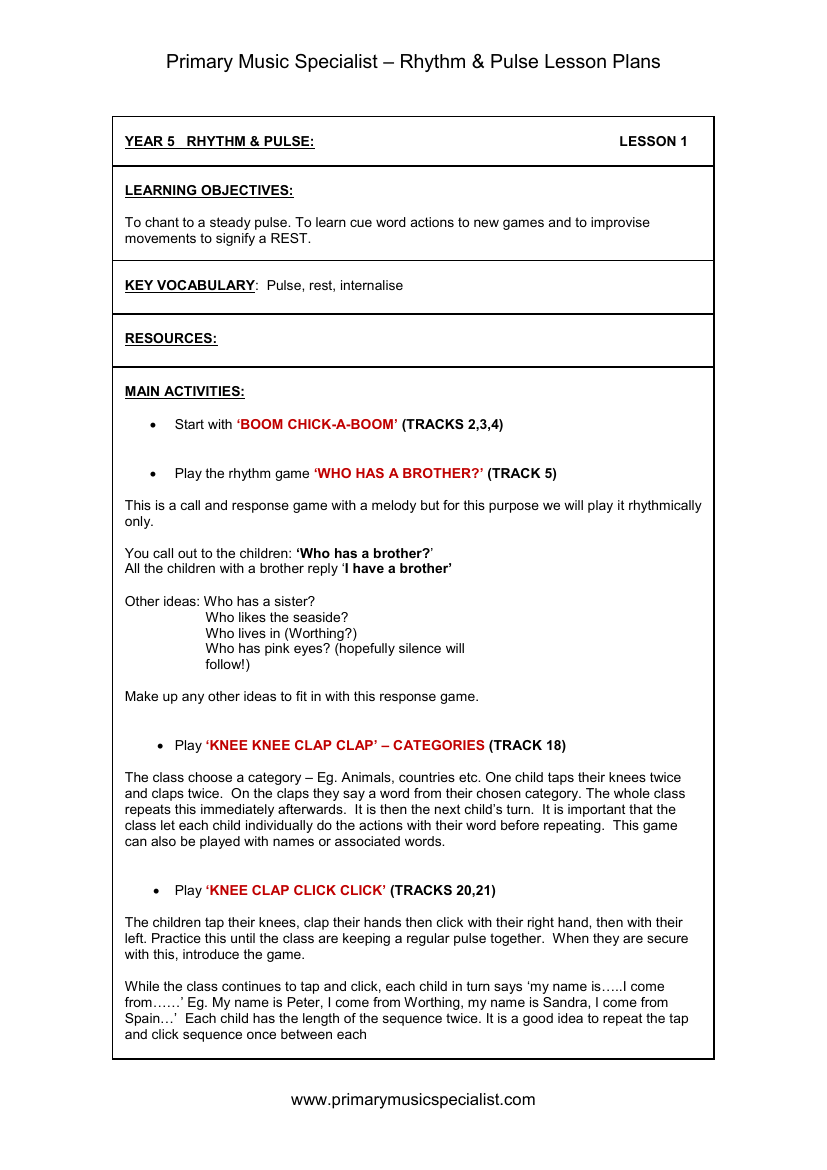 Rhythm and Pulse Lesson Plan - Year 5 Lesson 1