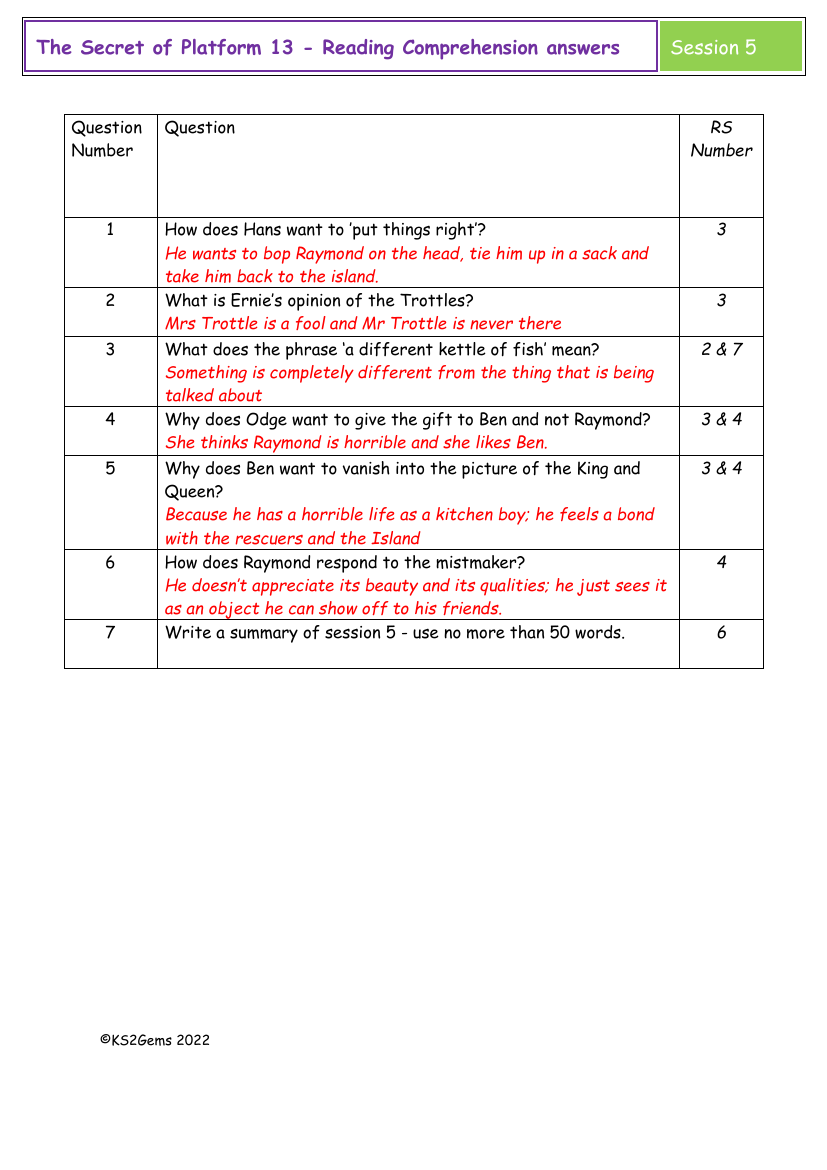 The Secret of Platform 13 - Session 5 - Reading Comprehension answers