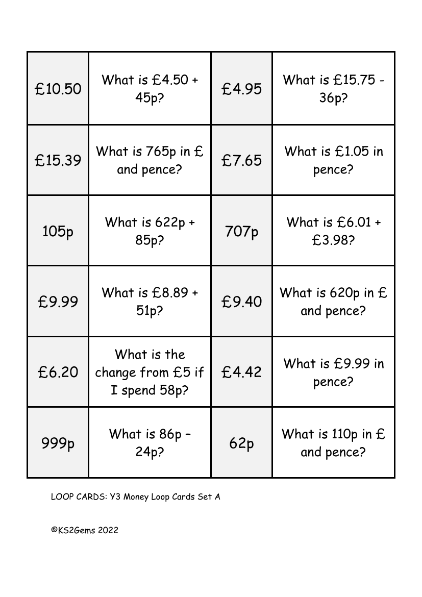 Money Loop Card Game - Set B