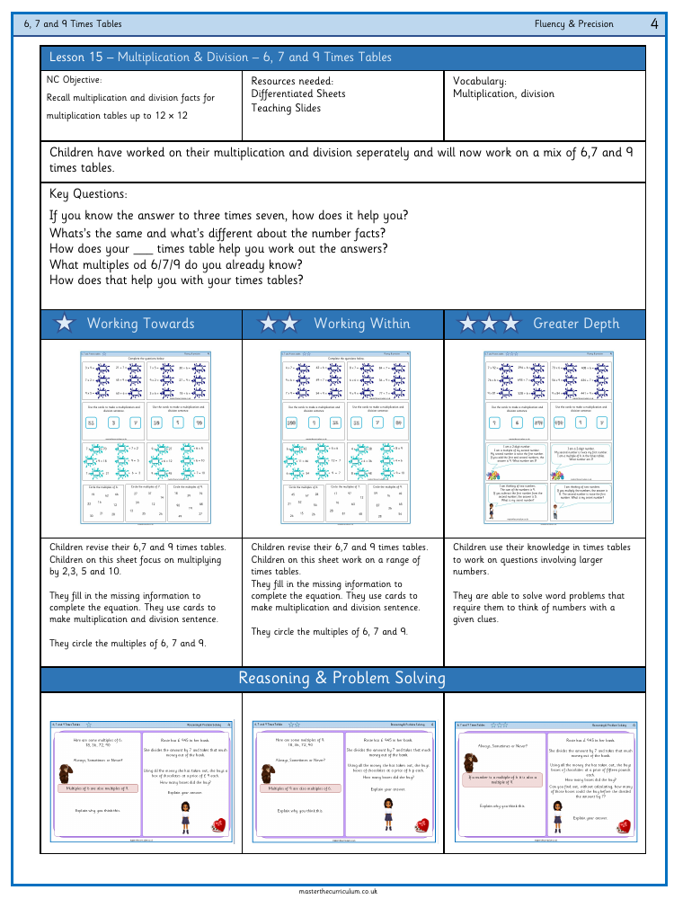 Multiplication and Division - 6, 7 and 9 Times Tables - Worksheet