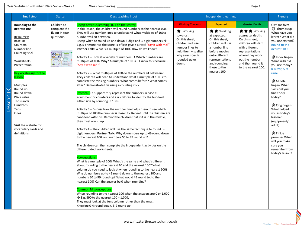 Place value - Rounding to the nearest 100 - Planning