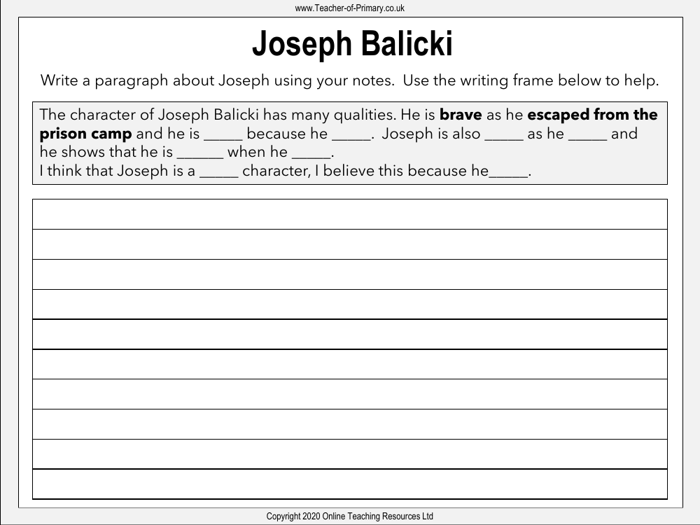 The Silver Sword - Lesson 1 - Joseph Balicki Paragraph Worksheet