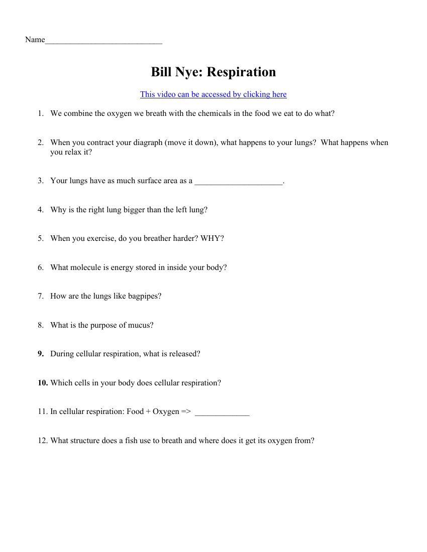 Bill Nye - Respiration Worksheet with Answers