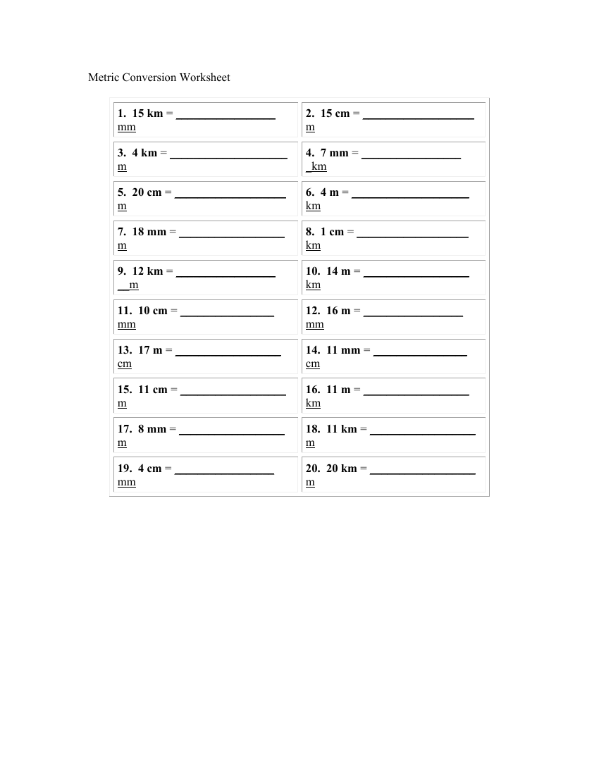 Metric Conversion (Shortened) Worksheet with Answers