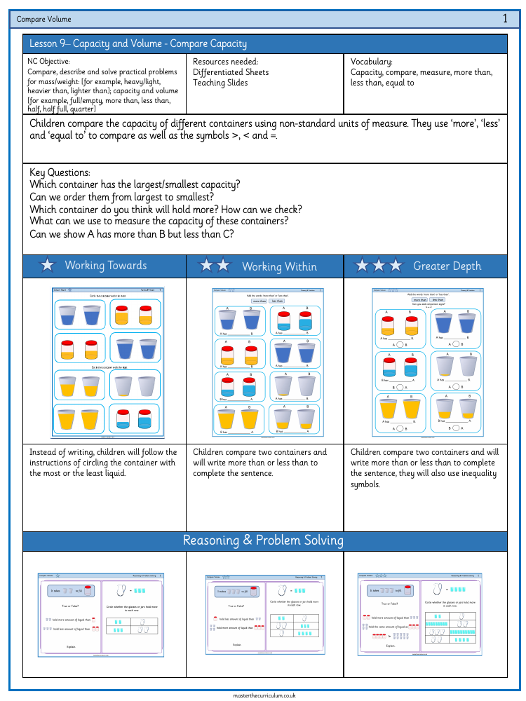 Weight and volume - Compare capacity - Worksheet