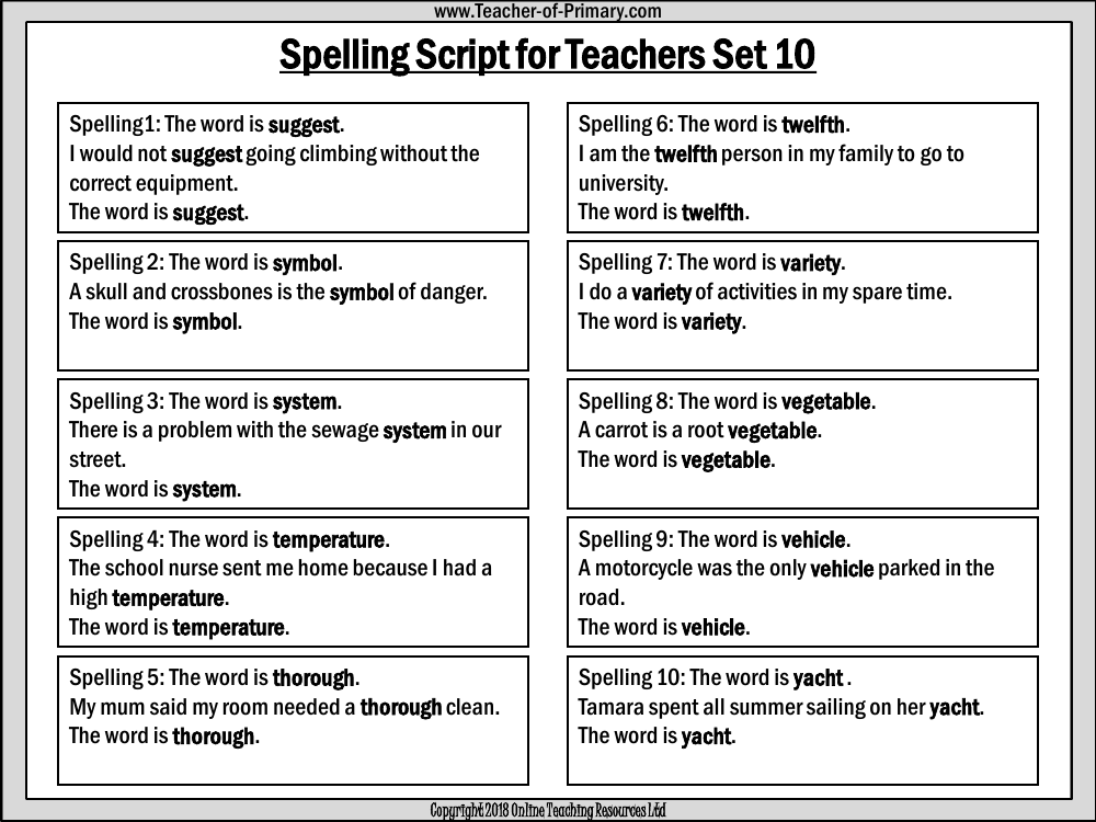 Spellings - Set 10 Teachers Script