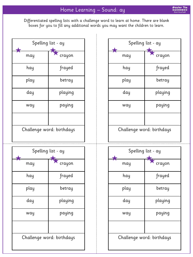 Spelling - Home learning - Sound ay