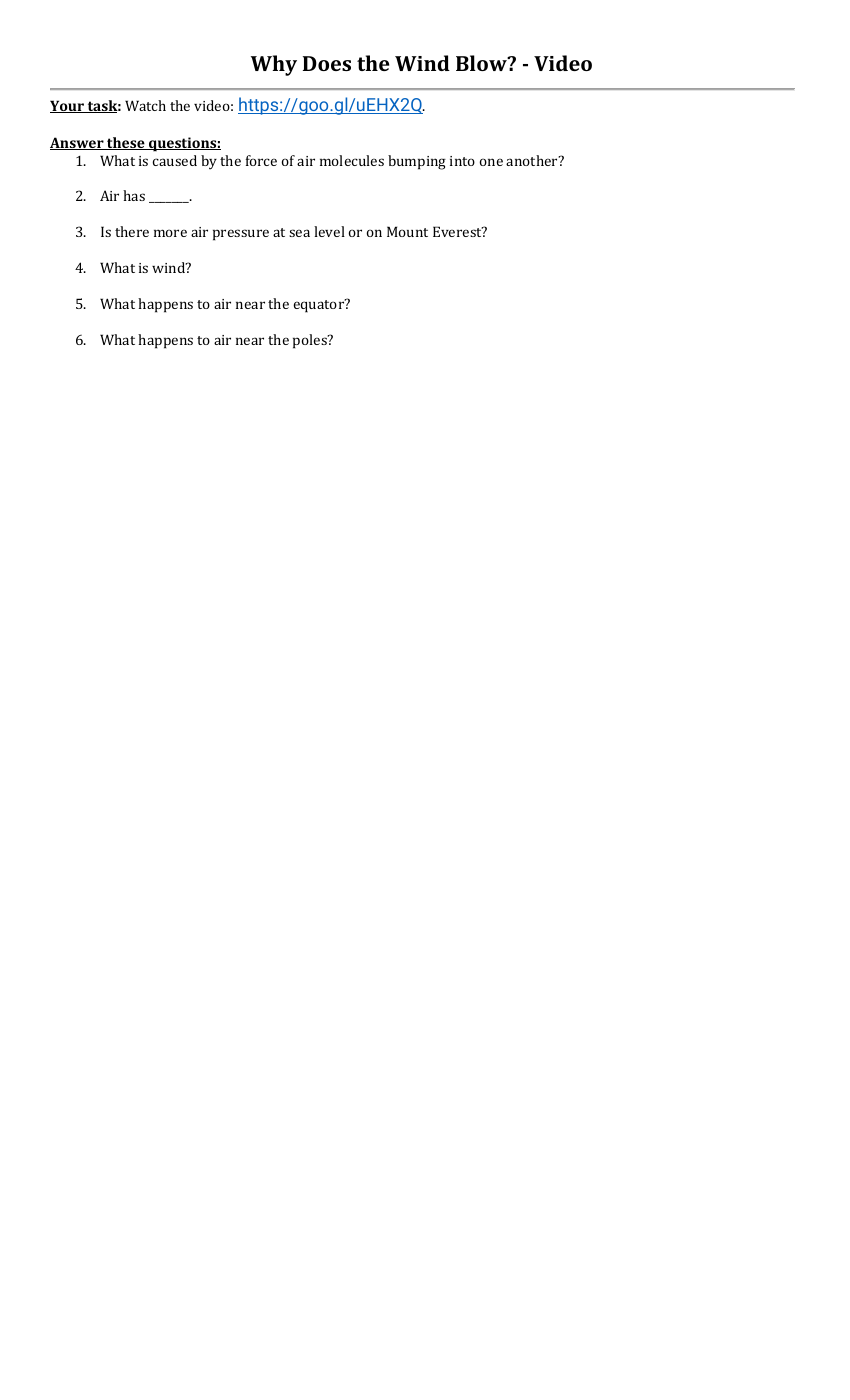 Why Does the Wind Blow? Video Worksheet