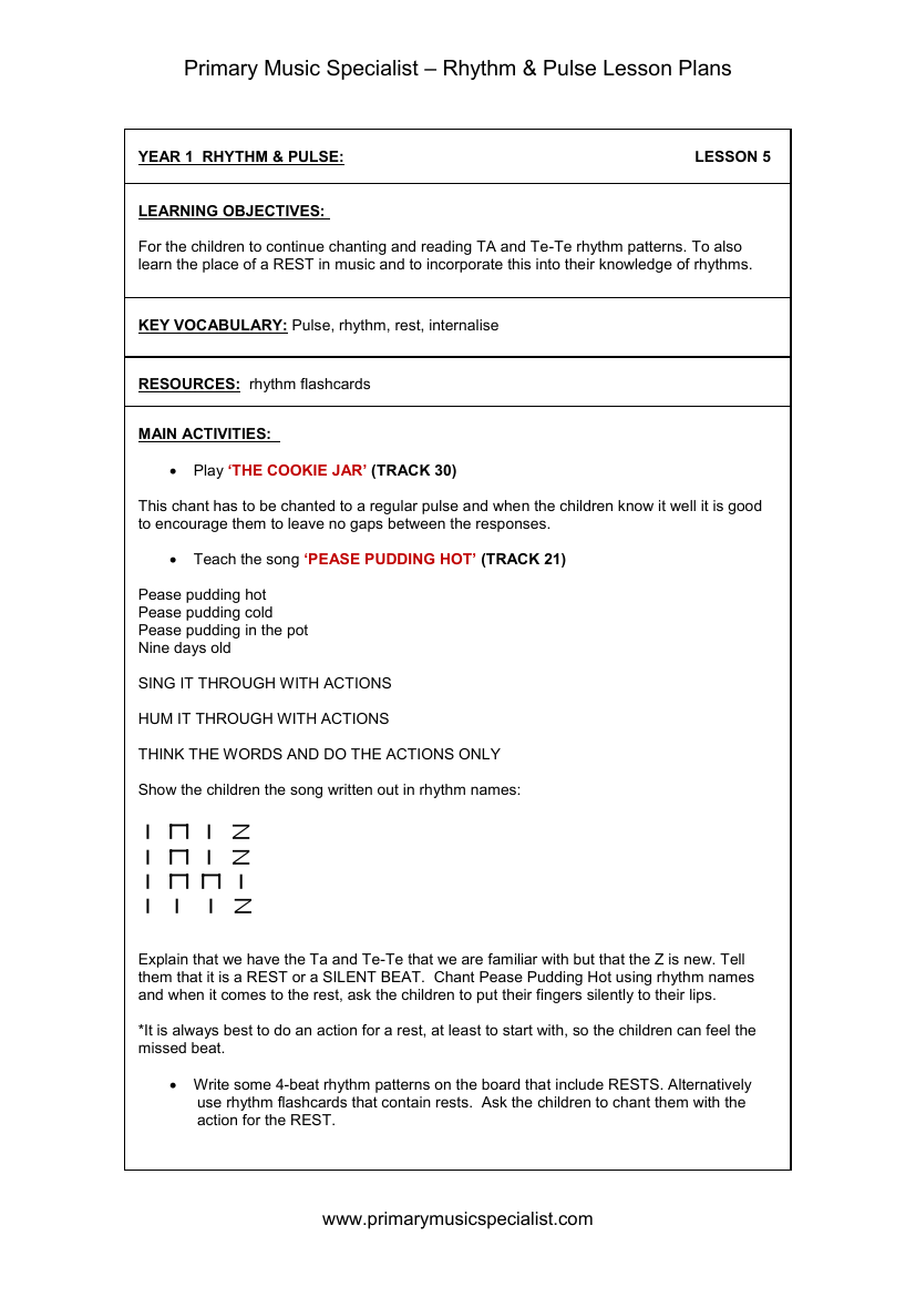 Rhythm and Pulse Lesson Plan - Year 1 Lesson 5