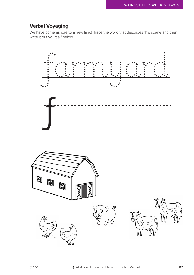 Week 5, lesson 5 Verbal Voyaging letter formation - "farmyard" - Phonics Phase 3  - Worksheet