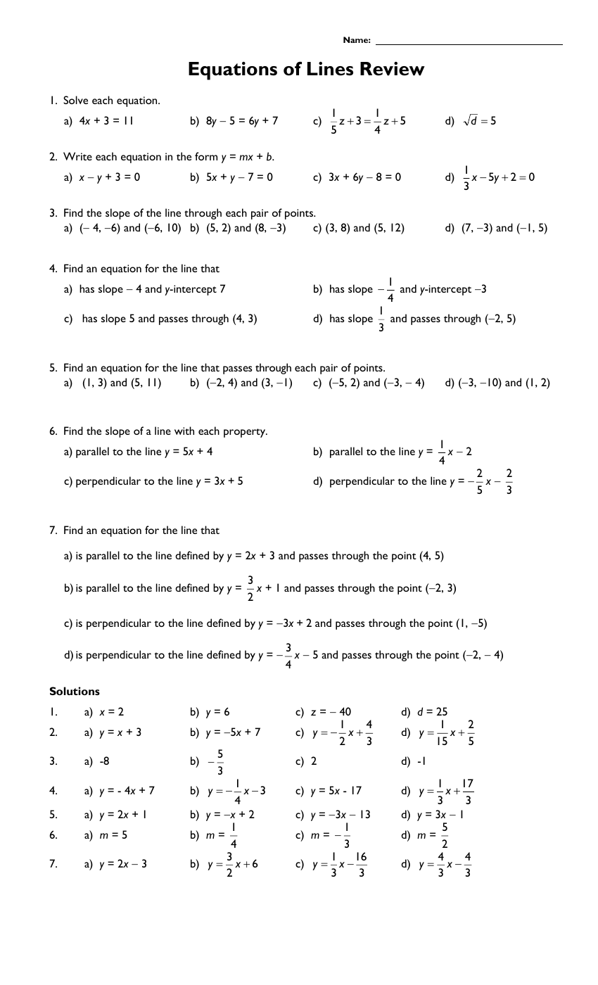 Linear Equations Worksheet With Answers 1698