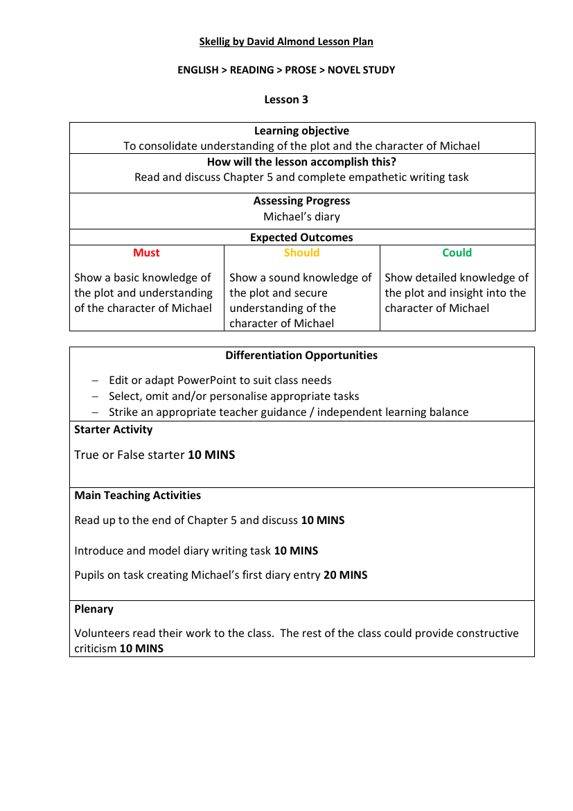 Skellig Lesson 3: Skellig and Similes - Lesson Plan