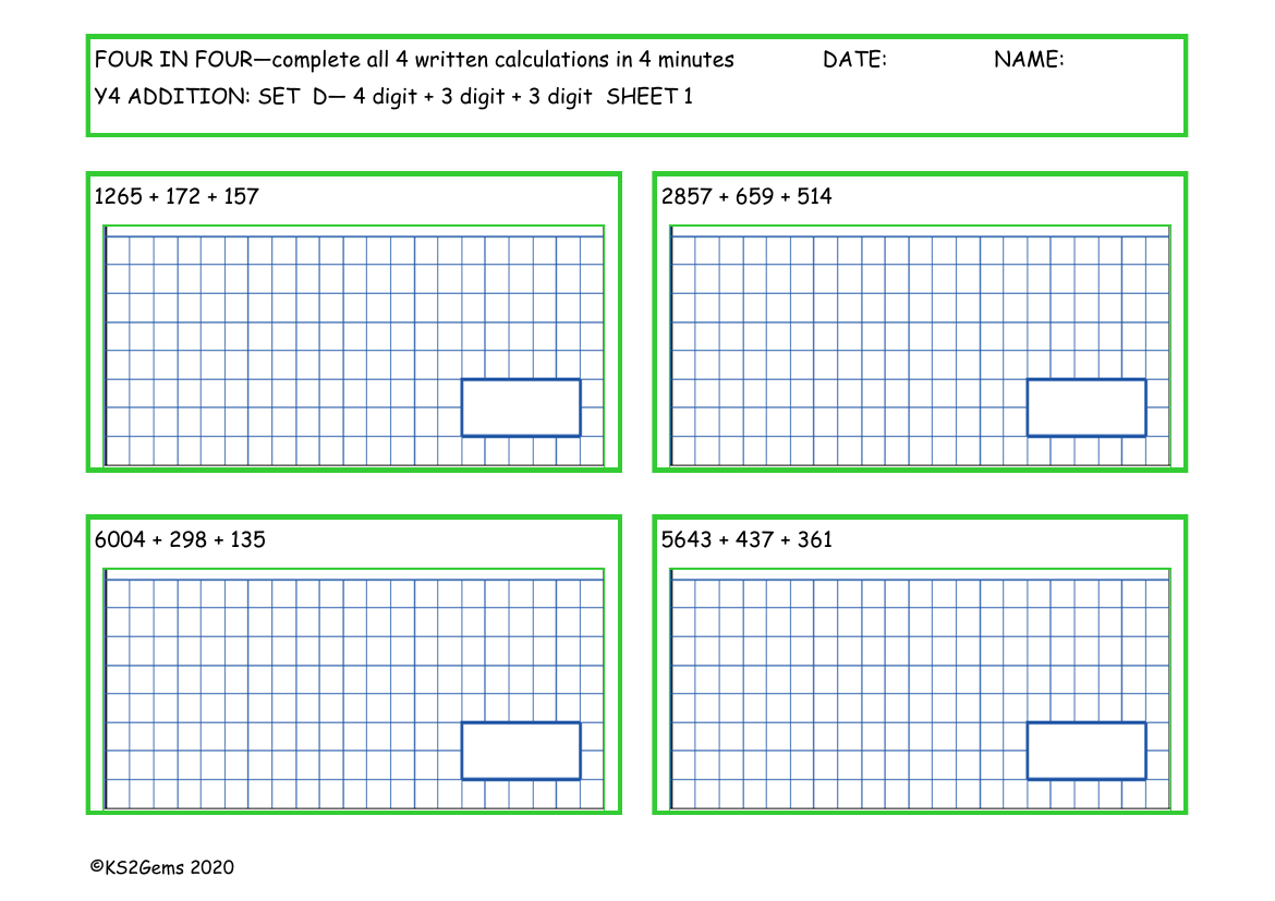 Four in Four -  Addition Set D - 4d + 3d + 3d