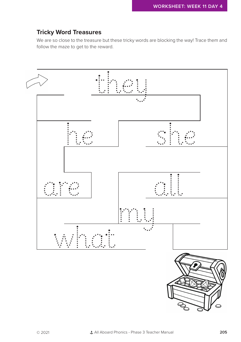 Week 11, lesson 4 Tricky Word Treasures letter formation - Phonics Phase 3,  - Worksheet