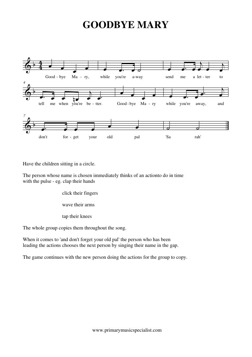 Rhythm and Pulse Year 4 Notations - Goodbye Mary