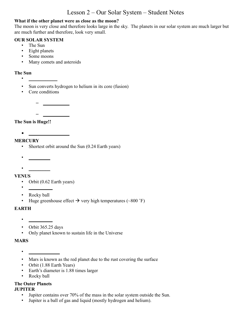 Our Solar System - Middle School Student Lesson Outline