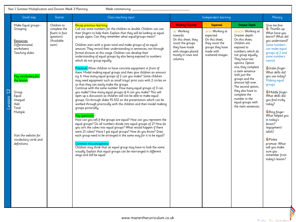 Multiplication and division - Make equal groups grouping - Planning
