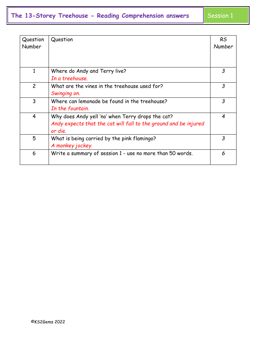 The 13-Storey Treehouse - Session 1 - Reading Comprehension answers