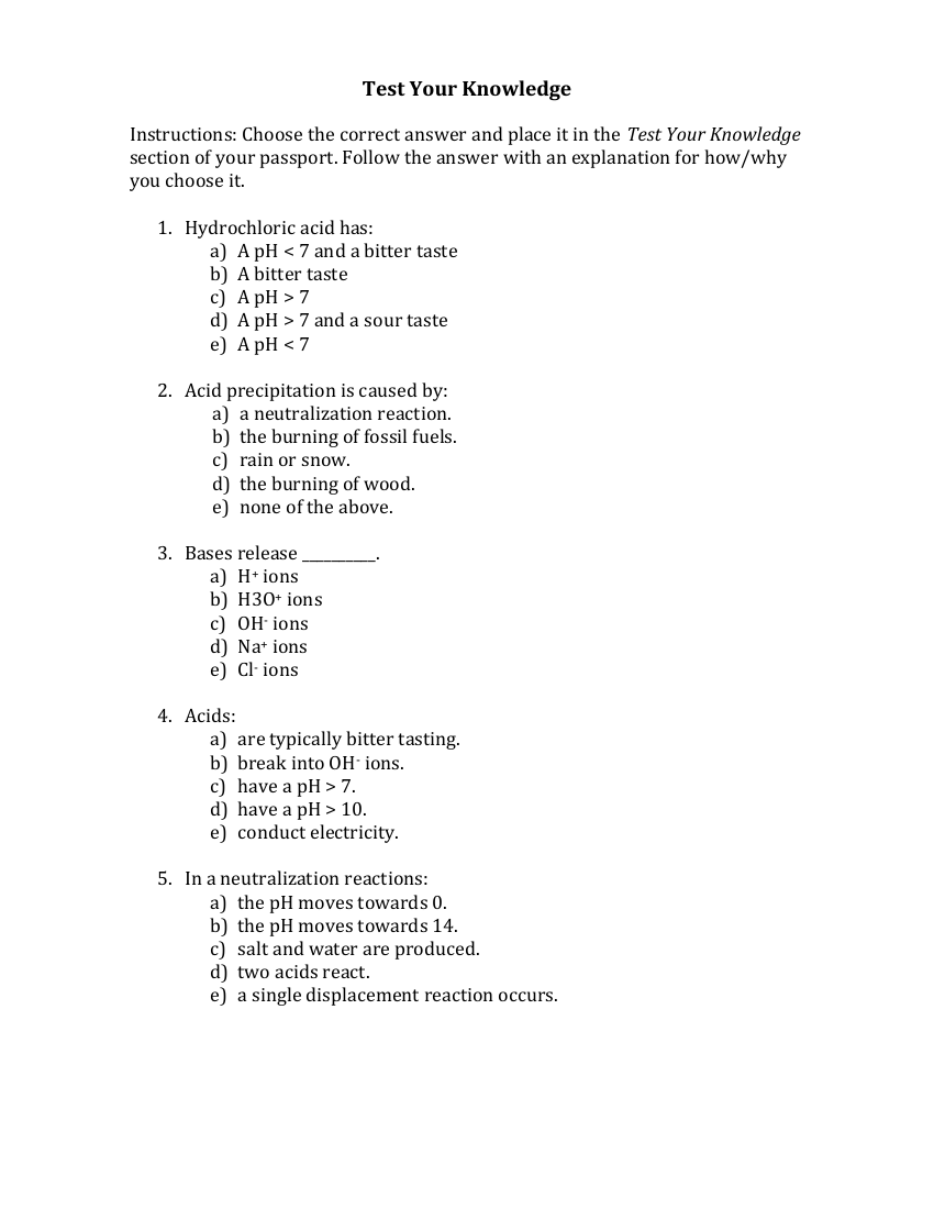 Acids, Bases, and Neutralization Reactions - Test Your Knowledge