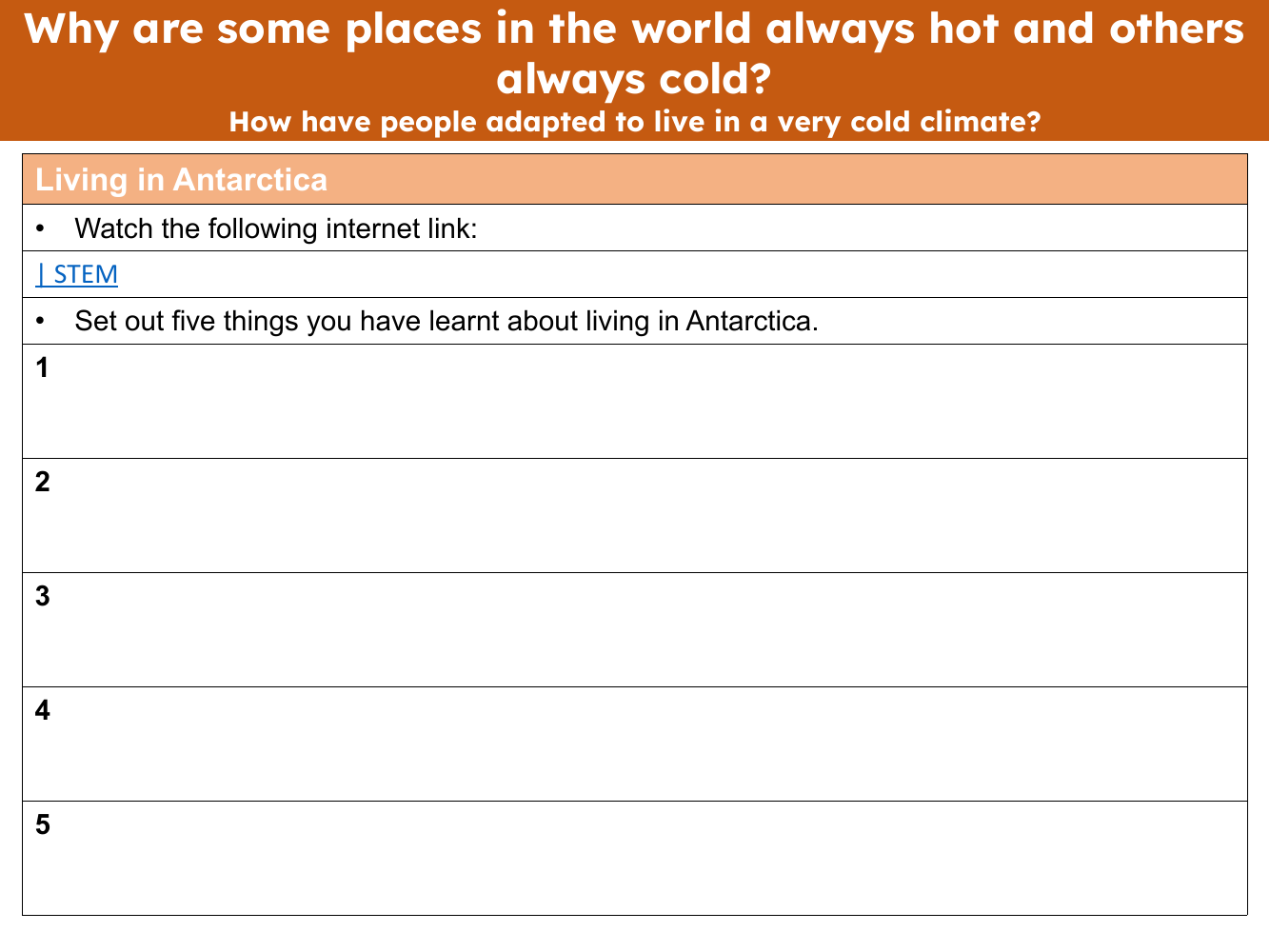 Living in Antarctica - Note sheet