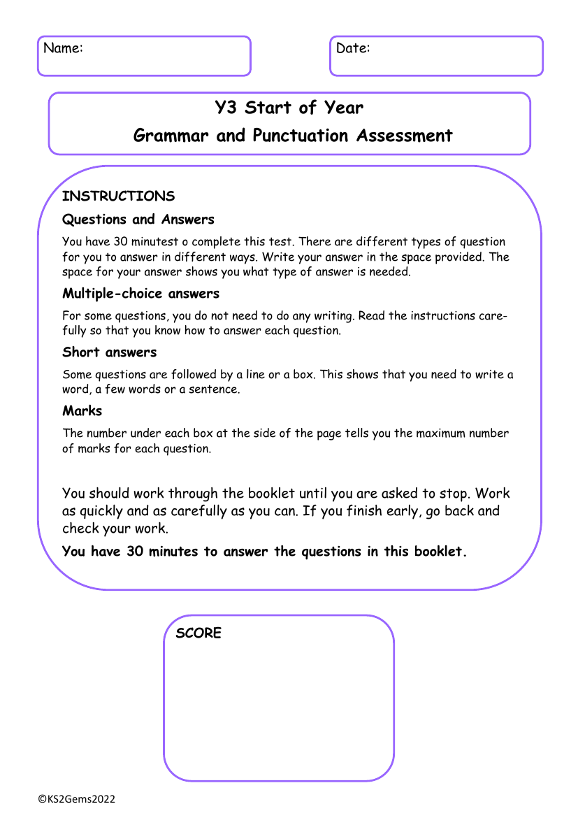 Start of Year Grammar and Punctuation Assessment Test