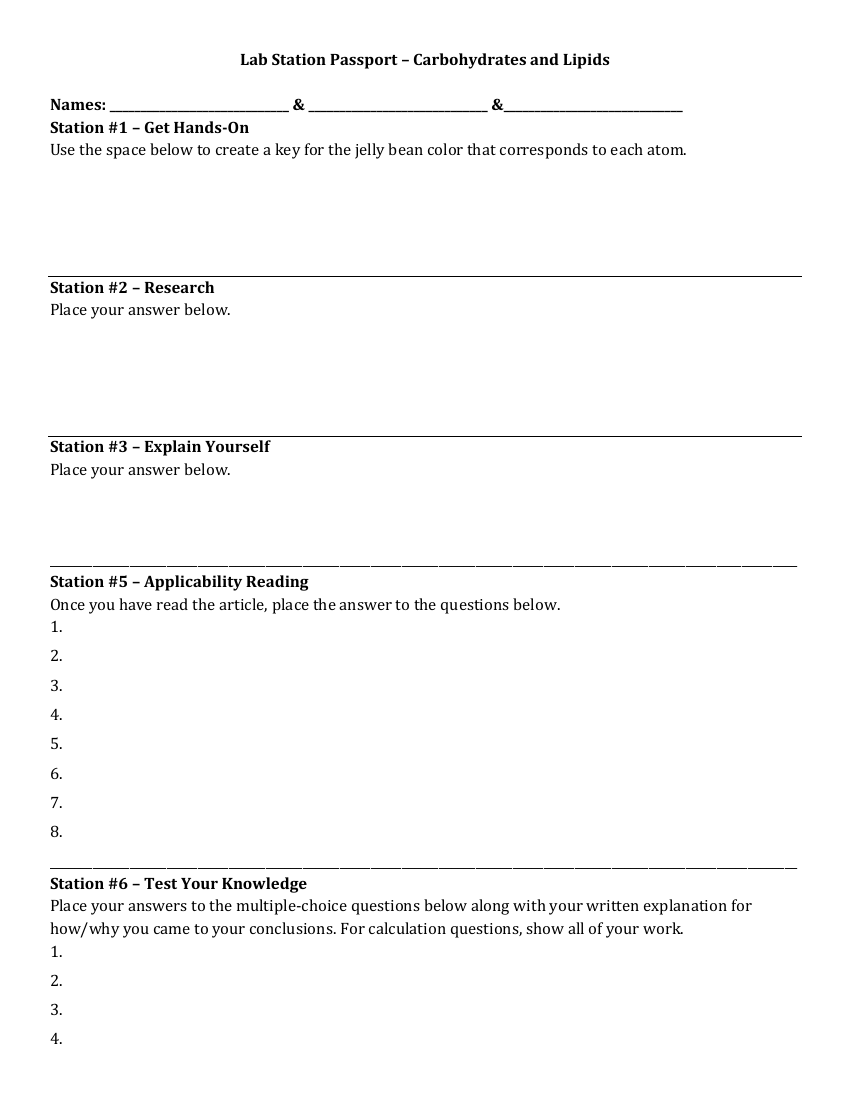 Carbohydrates and Lipids - Lab Station Passport