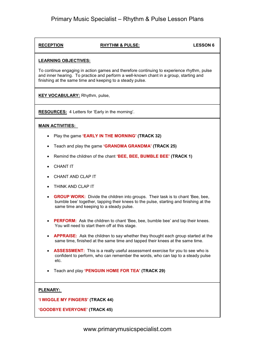 Rhythm and Pulse Lesson Plan - Reception Lesson 6