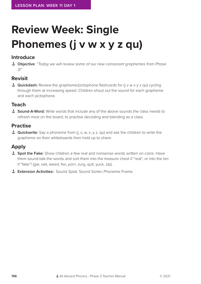 Week 11, lesson 1 Review Week: Single Phonemes -  Phonics Phase 3 - Lesson plan