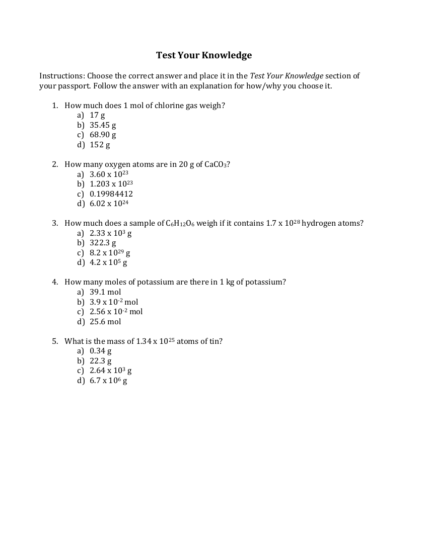 The Mole and Avogadro's Number - Test your Knowledge