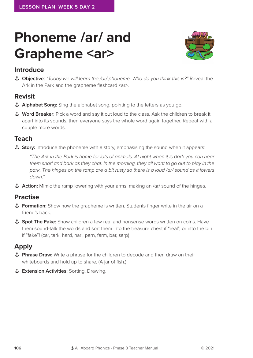 Week 5, lesson 2 Phoneme "ar" and Grapheme "ar" - Phonics Phase 3 - Lesson plan