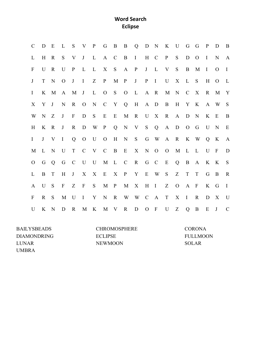 Eclipse - Solar and Lunar - Word Search